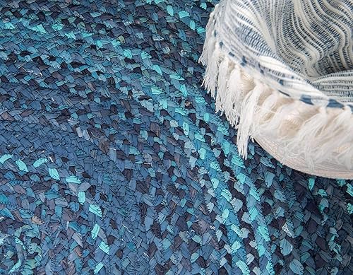 Miniatura 5 de Unique Loom Alfombra trenzada de la colección Chindi, capa (3 pies 3 pulgadas, redonda, azulazul marino)