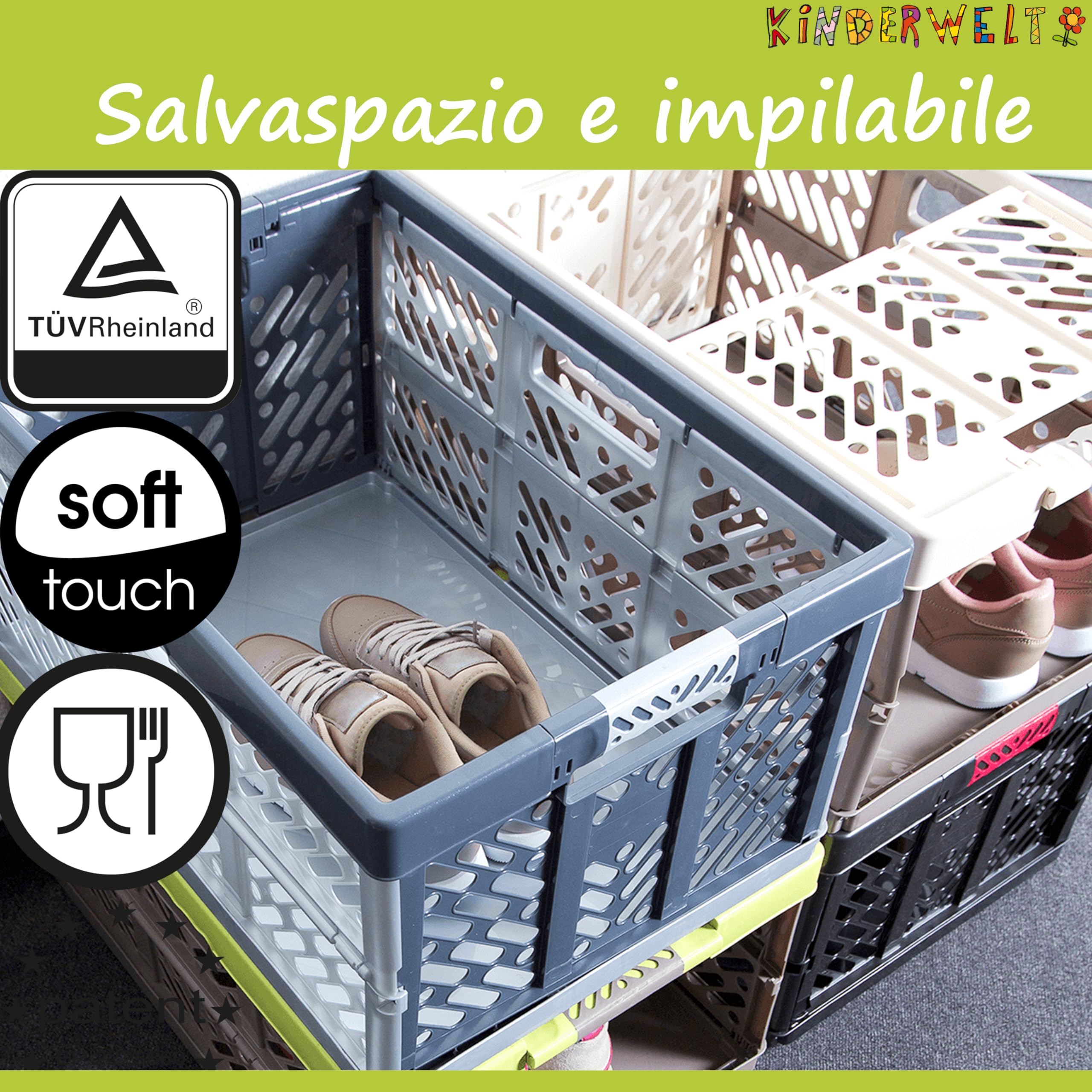 6 scatole pieghevoli professionali stabili da 45 l, 54 x 37 x 28 cm, con manici morbidi, impilabili, grafite