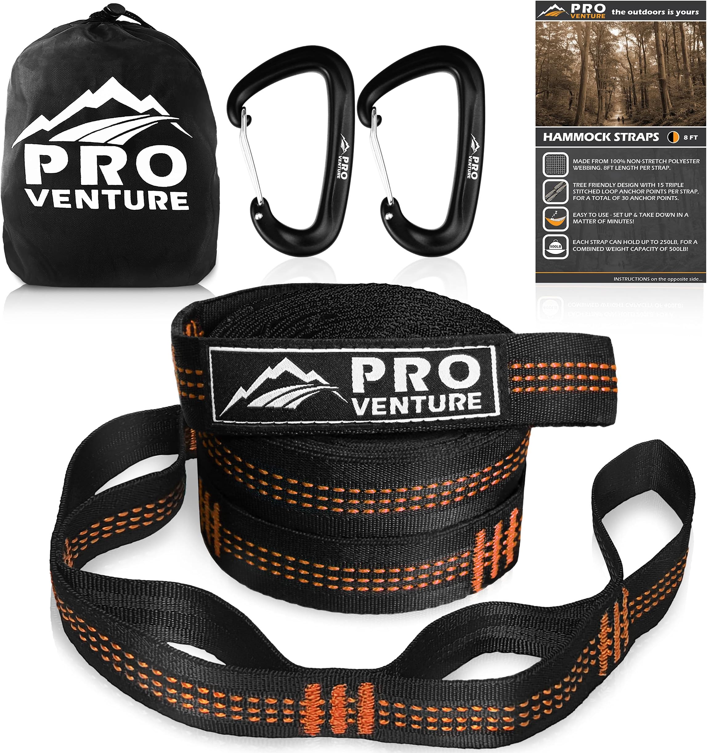 Hammock Straps and 2 Carabiners, 30+2 Loops, 1200lbs Breaking Strength (500lbs Rated) | 100% Non-Stretch, Lightweight, Portable Camping - Quick, Easy Setup | Heavy Duty + Tree Friendly