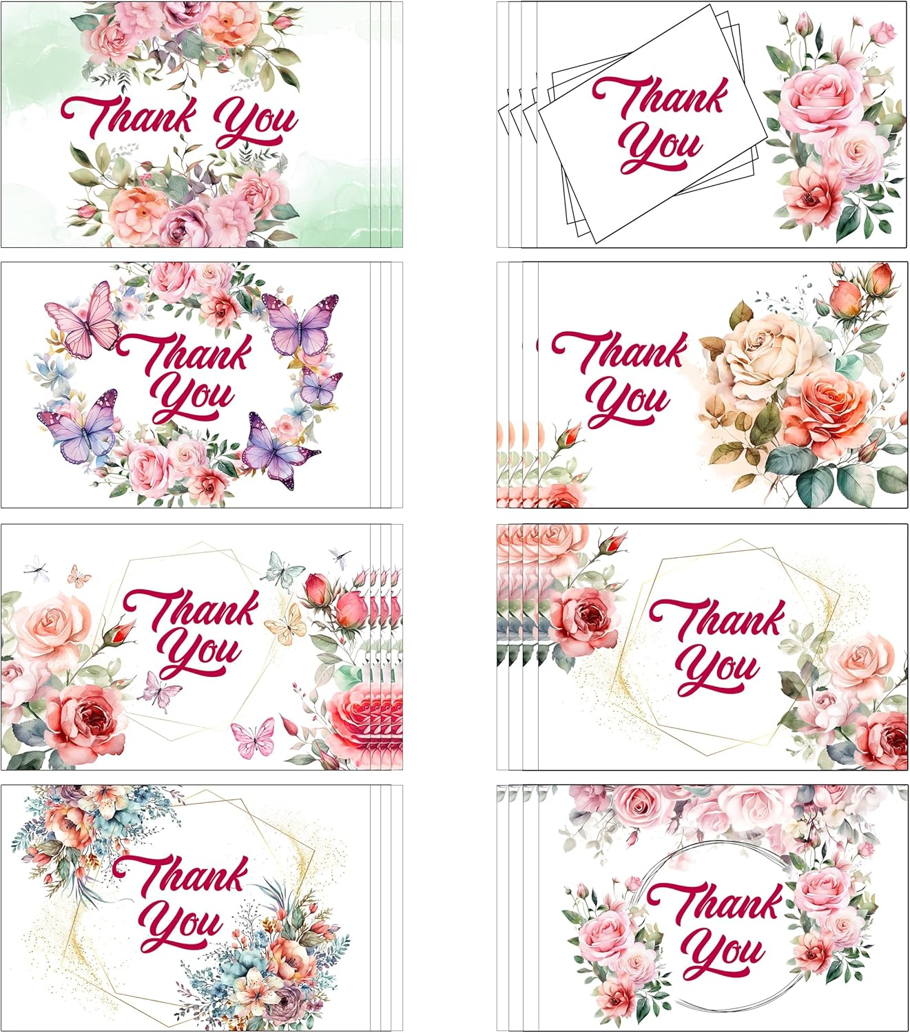 Flower Thank You Cards with Envelopes Stickers, 32 Pack - 4x6 Inches Wild Thank You Cards Sets for Various Events - Birthday, Wedding, Business, Baby Shower, Graduation, Bridal Shower, and Funeral