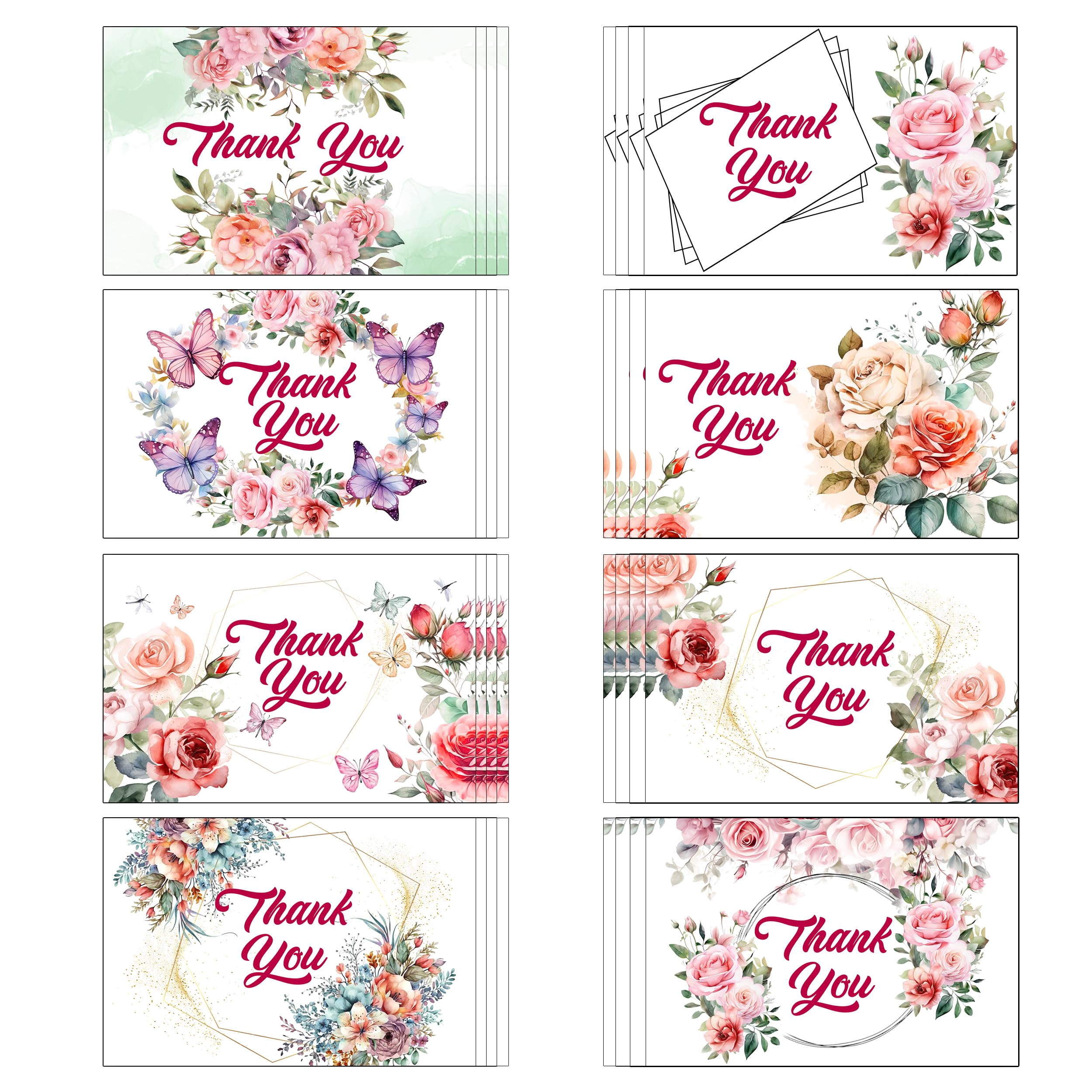 Flower Thank You Cards with Envelopes Stickers — 32-Pack - 4x6 Inches Wild Thank You Cards Sets for Various Events - Birthday, Wedding, Business, Baby Shower, Graduation, Bridal Shower, and Funeral
