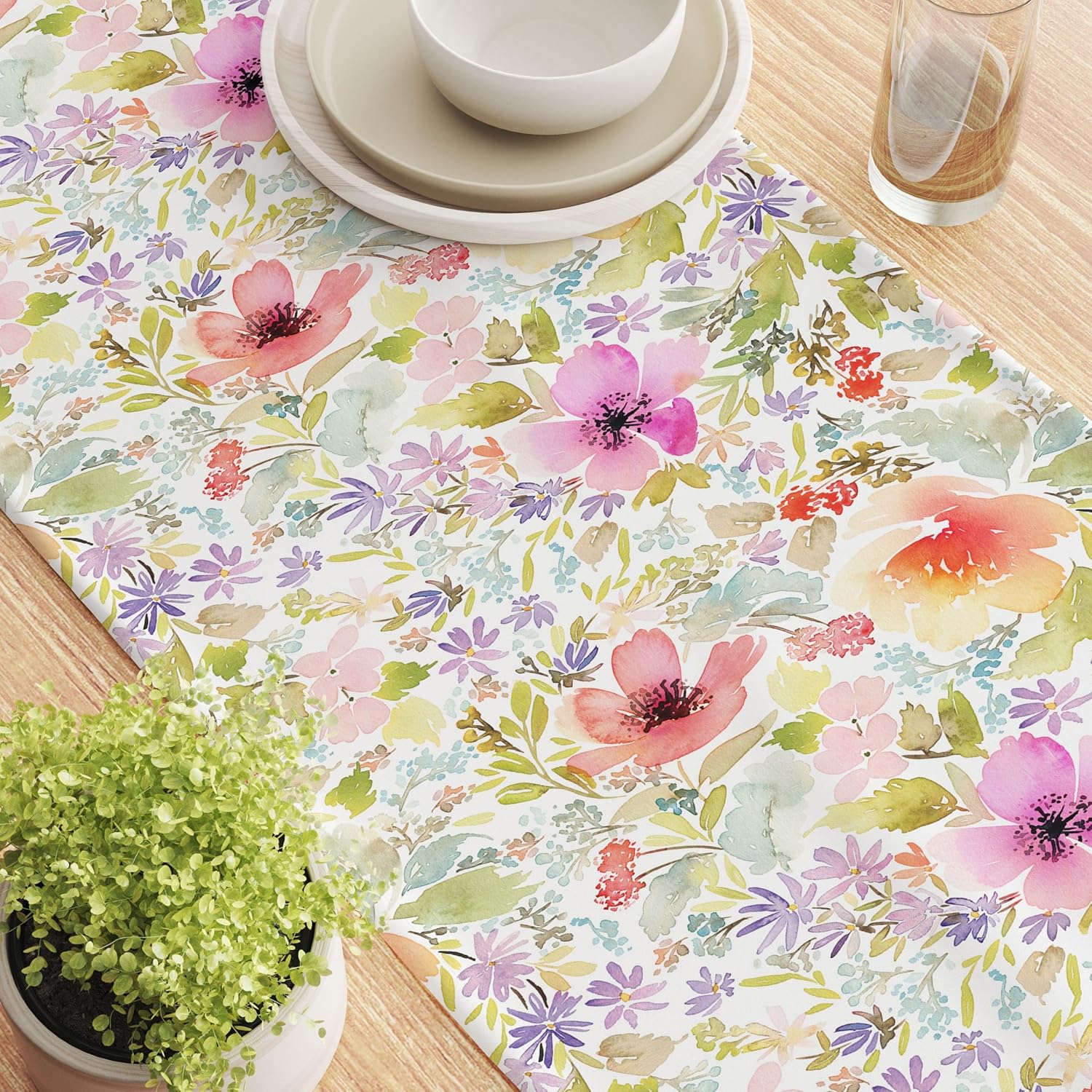 Table Runner, 100% Milliken Polyester, Machine Washable, 12x72, Botanical Garden Dogwood