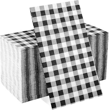 100 Pack Black and White Gingham Napkins, 3-Ply Disposable Paper Napkins