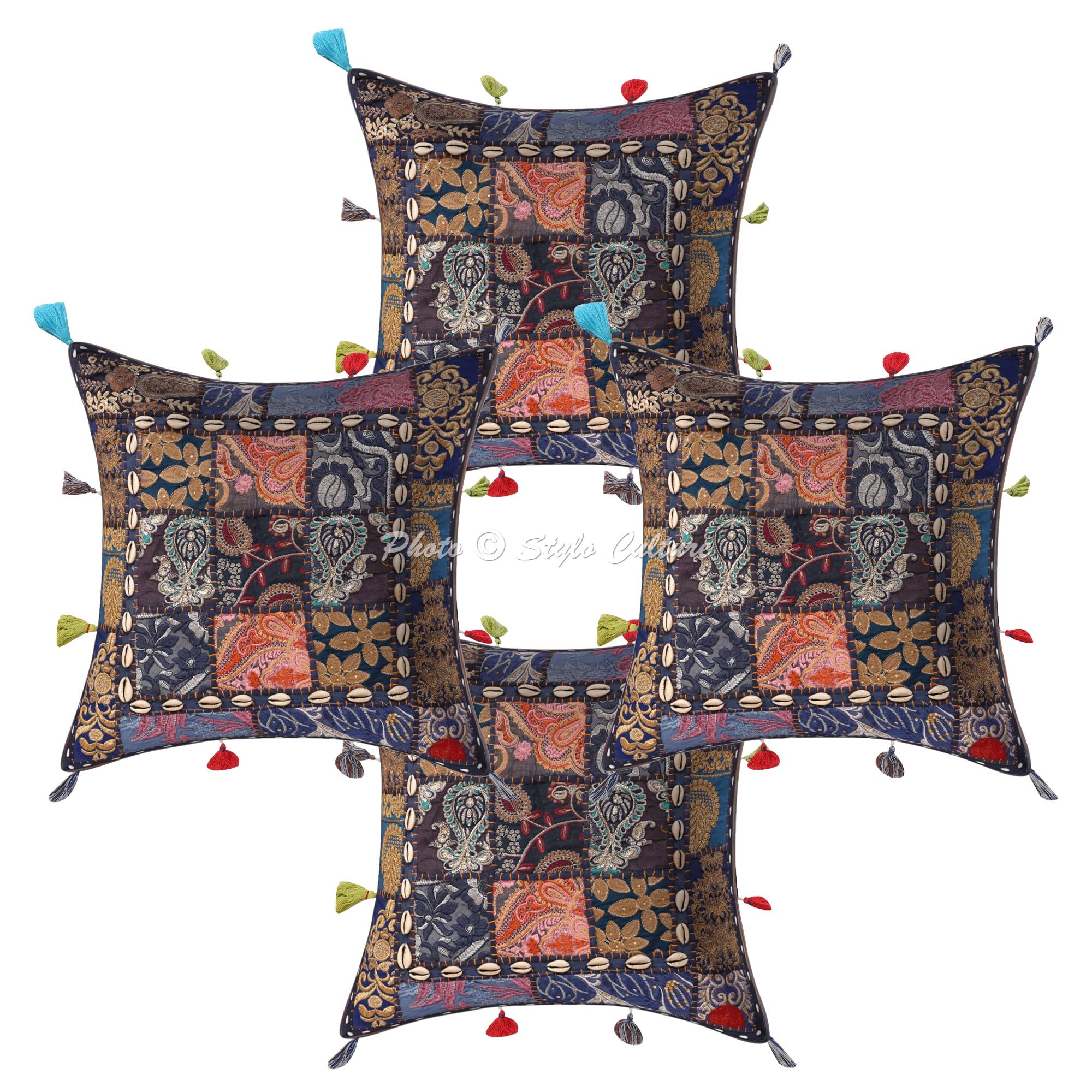 Indische Dekorativ Baumwolle Couch Kissenbezüge 43x43 cm Dunkelblau Dekokissen Gesticktes Patchwork Schlafzimmer Sofa Kissen Bezüge Blumen Quadrat Kissenhullen - 4 STK.