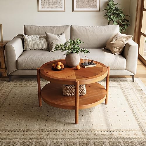 Miniatura 4 de LITTLE TREE Mesa de centro vintage de madera maciza, mesa auxiliar redonda de 31.5 pulgadas para sala de estar, mesa central clásica de 2 niveles