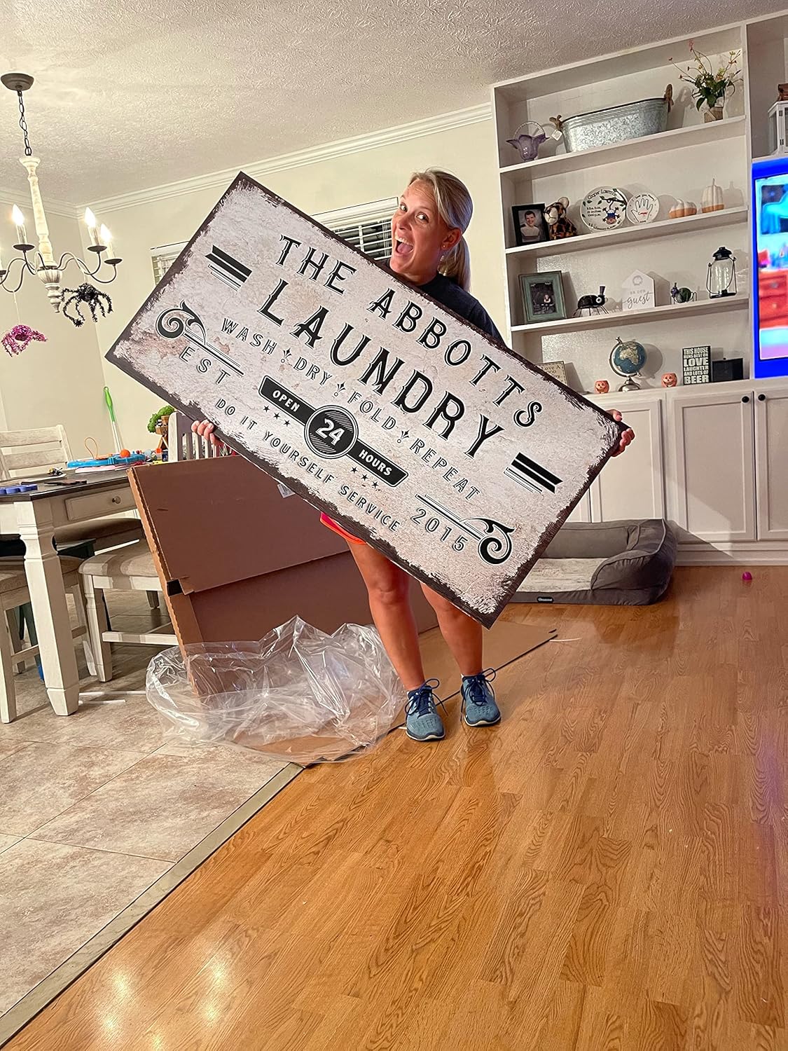 Tailored Canvases Personalized Laundry Sign - Large Canvas Wall Art Decor and Accessories for Laundry Room, Business and Farmhouse - Rustic Wall Decoration, Family Name Wash Dry Fold Repeat, 20"x10"