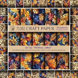 FLONZ Scrapbook Paper (30 patterns 12"x12") Tropical Sunset ~ Bold Monstera and Palm Leaves in Rich Sunset Shades of Gold, Deep Blue, and Fiery Red