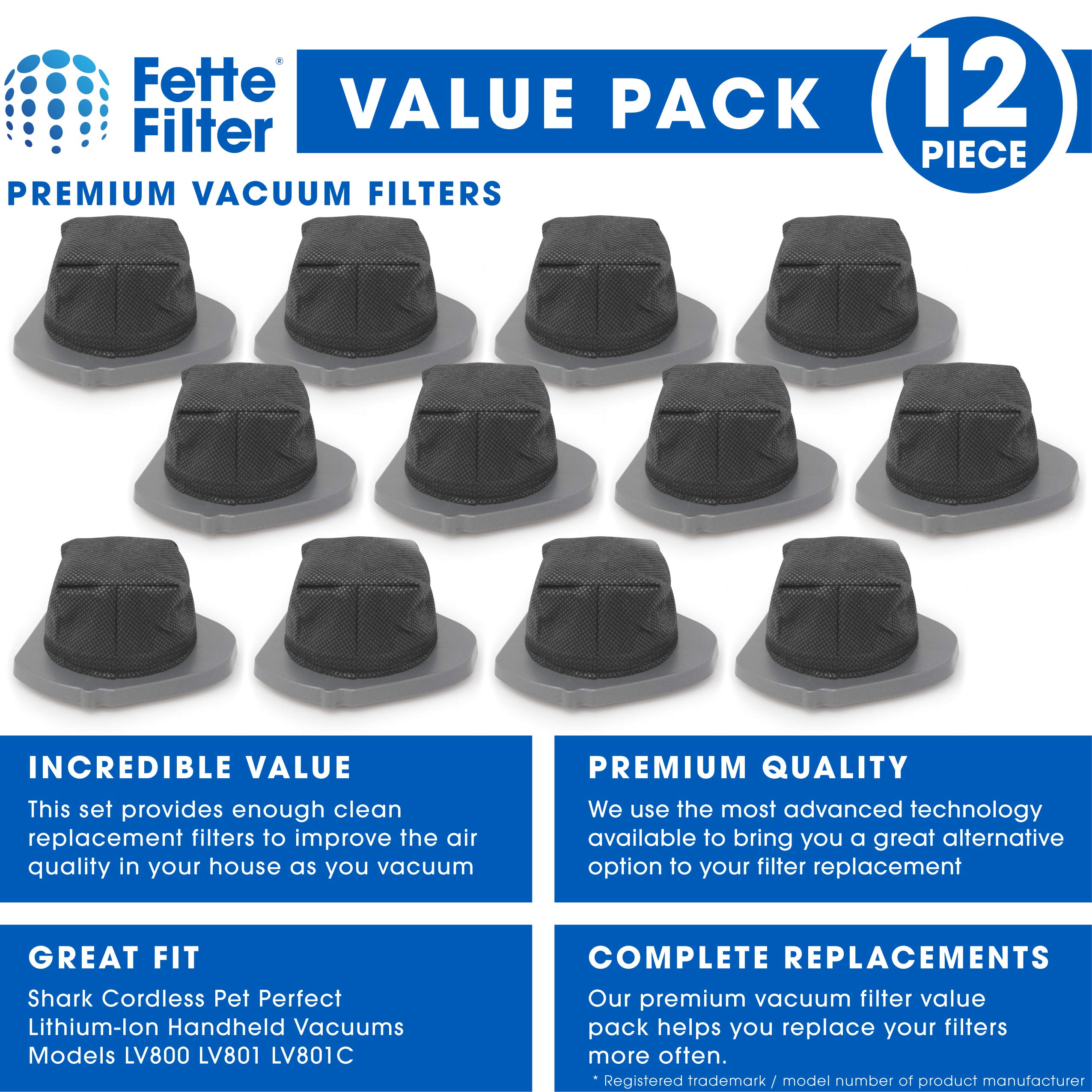 Fette Filter - Dust Cup Filter Compatible with Shark Cordless Pet Perfect Lithium-Ion Handheld Vacuums Models LV800 LV801 LV801C Compare to Part # XDCF800. (Pack of 12)