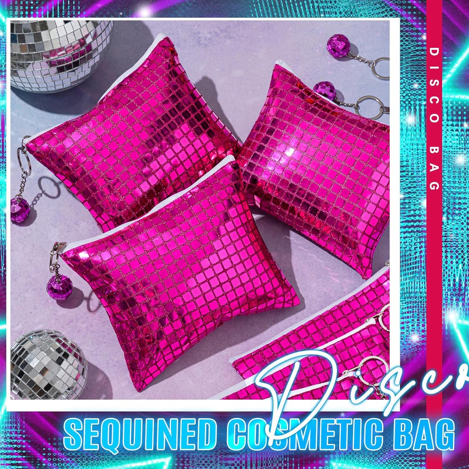 12 Pack Disco Makeup Bags Sparkly Bachelorette Party Favors Portable Glitter Sequin Mirror Cosmetic Bags with Zipper for Wedding Bachelorette Gift Evening 70s, 80s, 90s Retro Party (Rose Red)