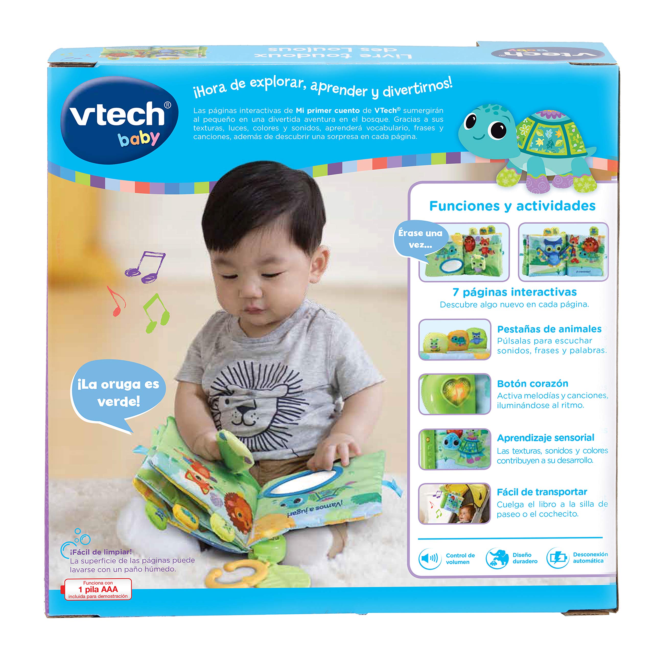 VTech-Baby Mi Primer Cuento Texturas y descubrimientos, Libro Infantil de Tela, Bebés +3 Meses, Descubre la Naturaleza y los Animales, estimula Sentido del Tacto, Anilla para Colgar, Versión ESP