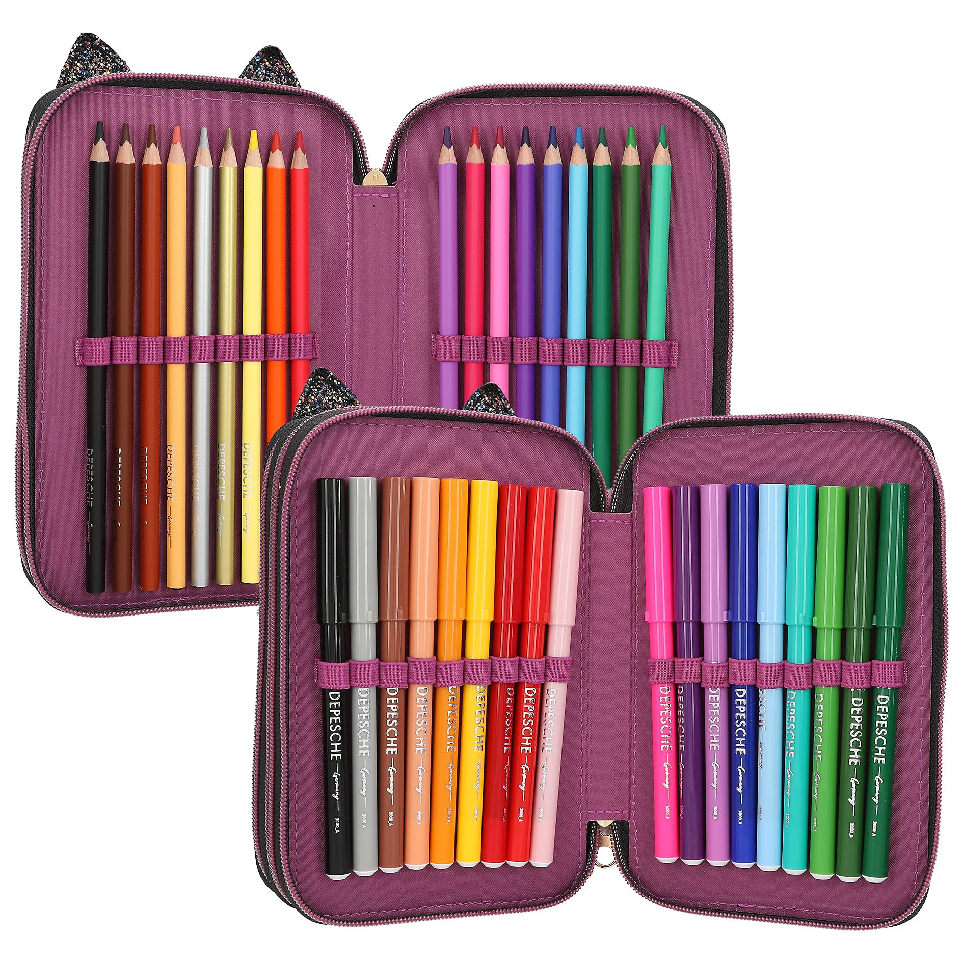 Depesche 13020 TOPModel Rebel Kitty Trousse à Crayons remplie à 3 Compartiments avec Fourrure léopard en Violet et Oreilles de Chat, Trousse avec Crayons de Couleur, règle, Ciseaux, etc.