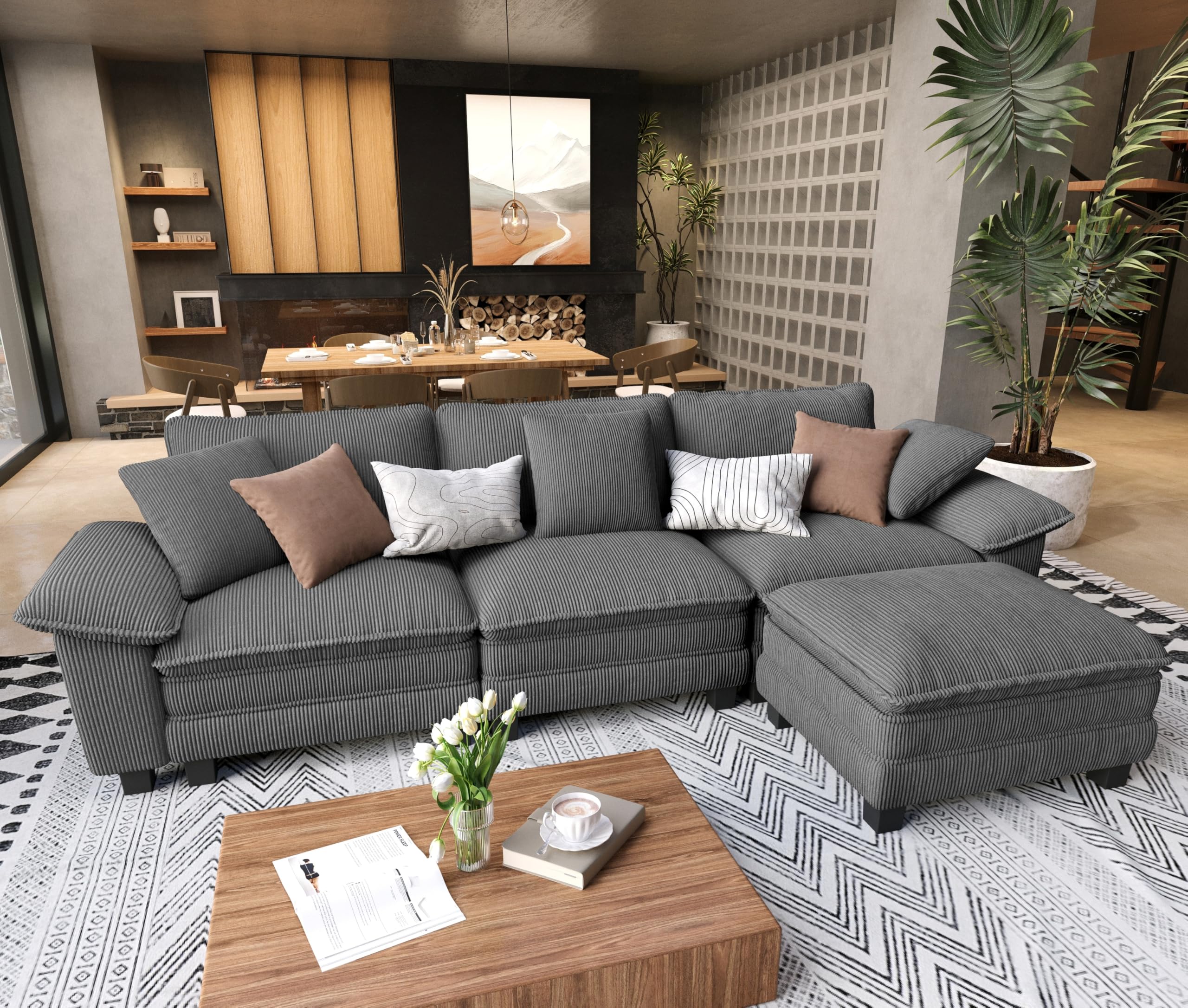 SUNSHINE VALLEY L Shaped Modular Cloud Couch, 123.6'' Comfy Corduroy Sectional Sofa with Wider Armrest and Ottoman, Upholstered 4-Seat Modern Deep