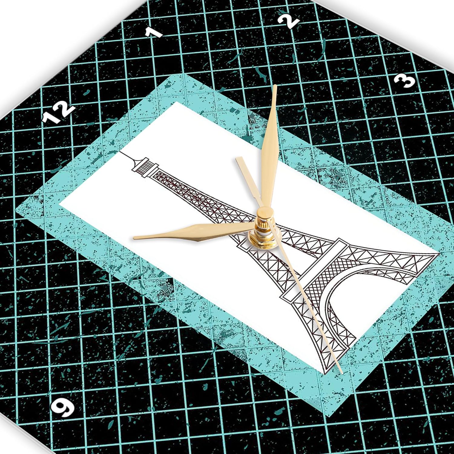3dRose DPP_124525_2 Turquoise Eiffel Tower on a Diamond Pattern Background Wall Clock, 13 by 13-Inch