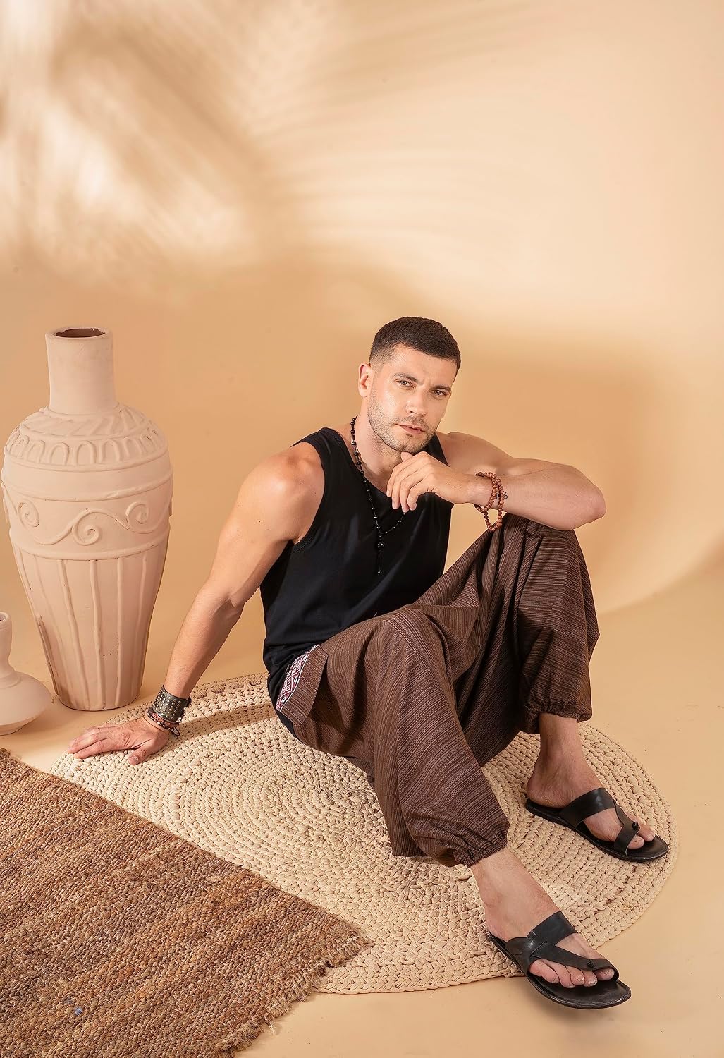 Soft Boho Harem Pants Pajama for Men, 100% Cotton High Waisted Harem Yoga Bottoms For Him