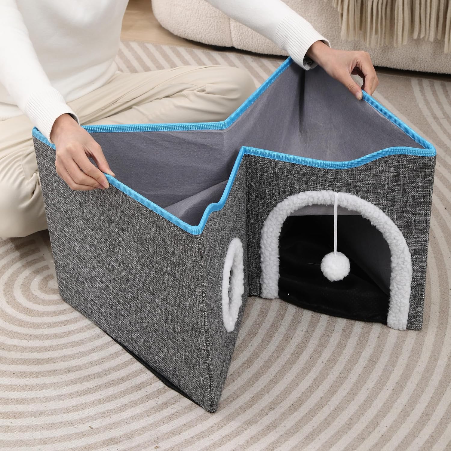 Large Cat Hideaway,Foldable Cat Scratcher House,Big Cat Bed for Idoor, Cute Cave with Ball Toy,Fabric Pet Furniture,Big Condo for Multi Small Pet Large Kitten Kitty (Grey,Rectangle)