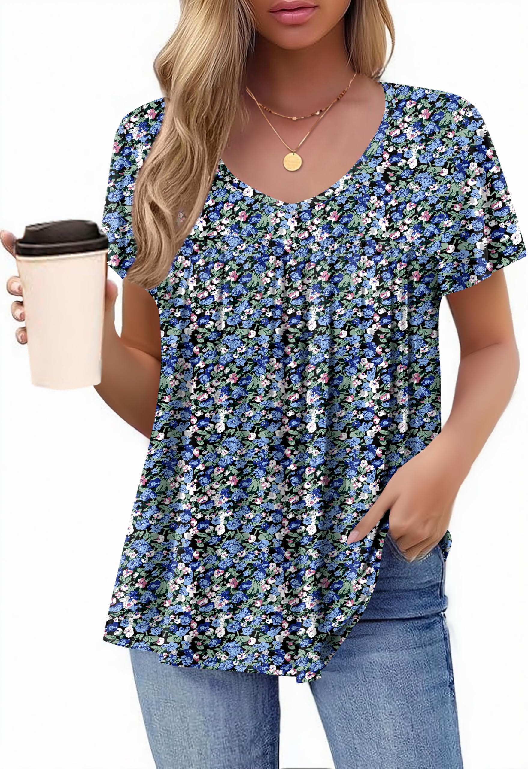 HOTOUCH Womens Short Sleeve Tunic Tops V Neck Loose Fit Ruffle Sleeve Shirts Summer Floral Dressy Casual Boho Blouses