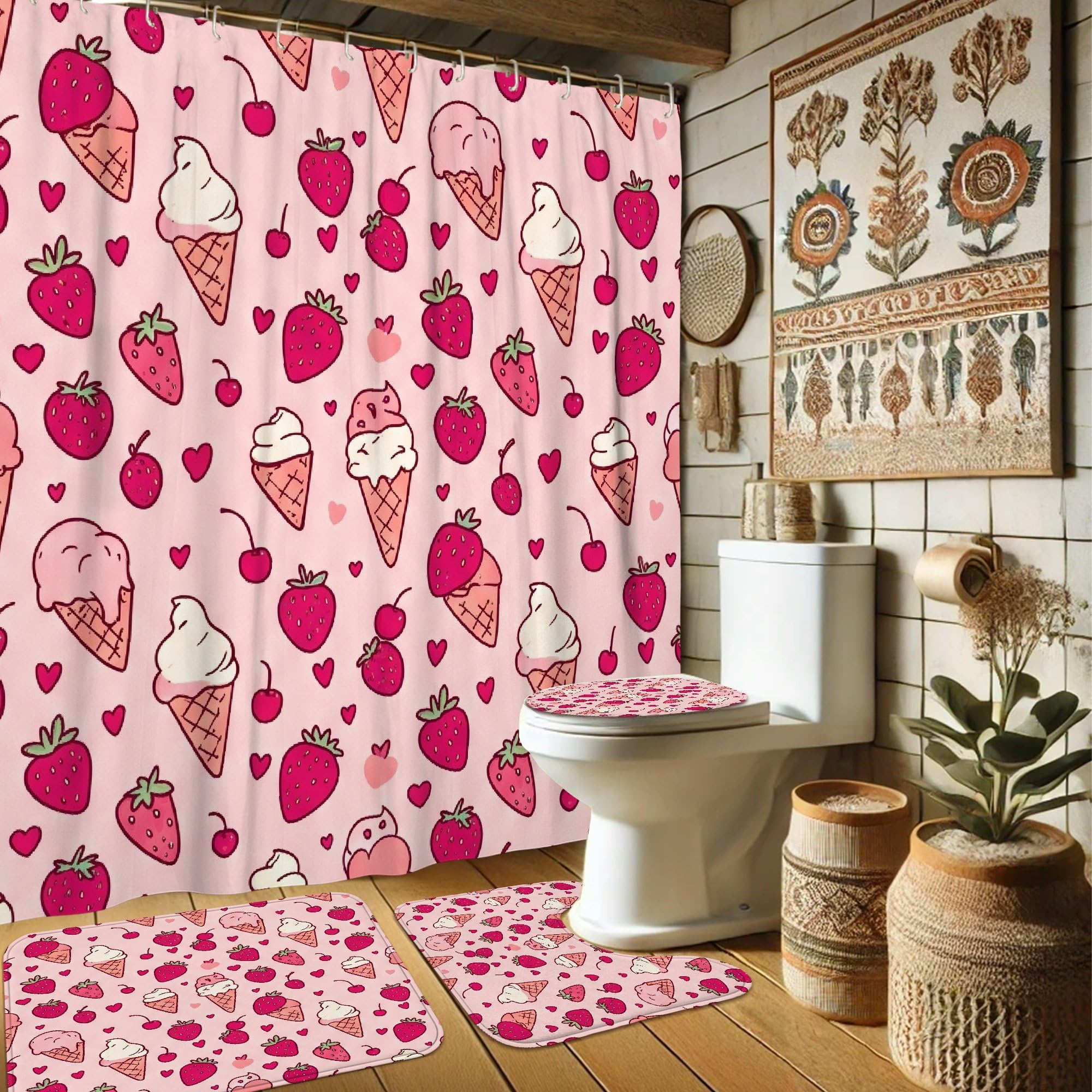 Rideau de douche polyester au motif de pêche et fraise pour égayer votre studio ou dortoir