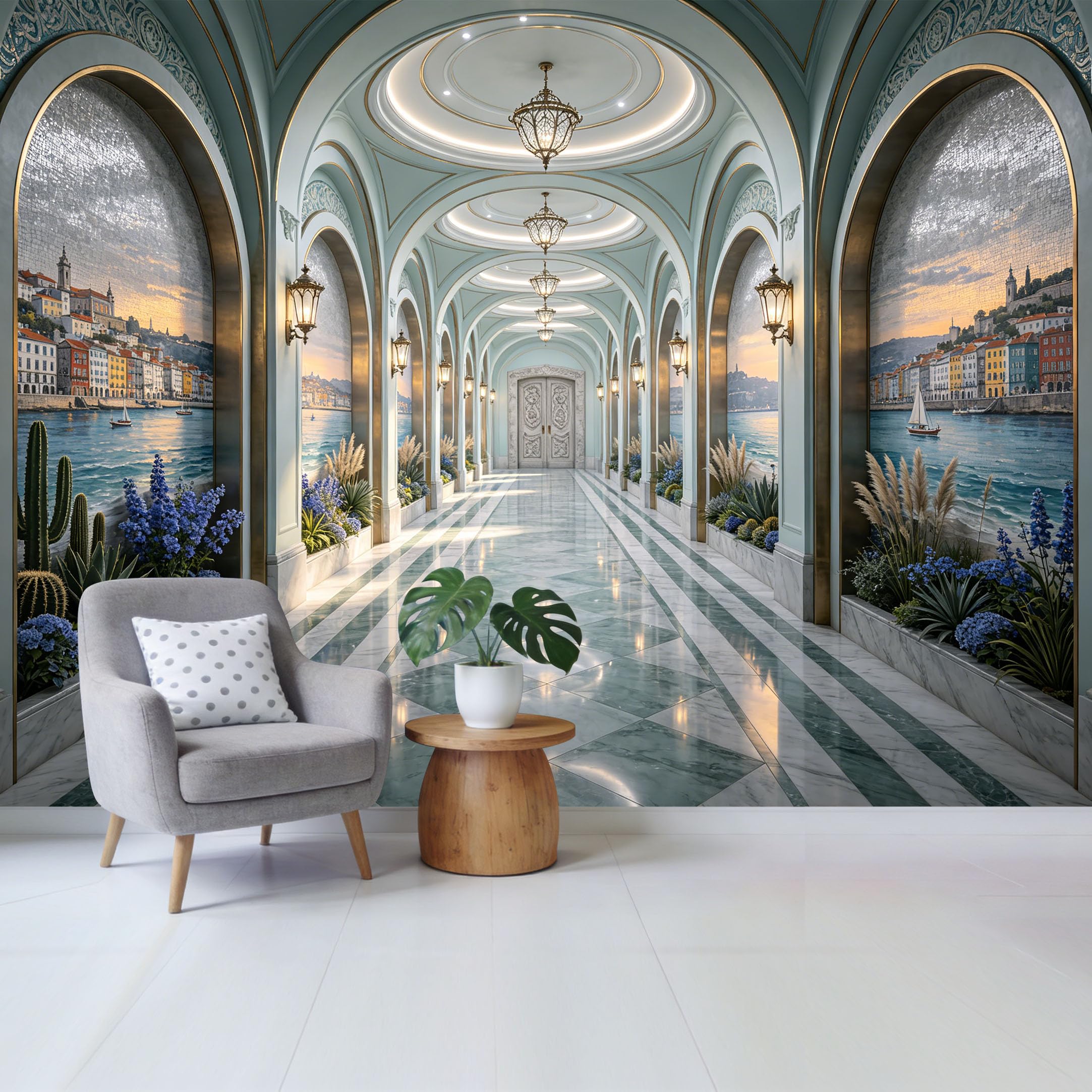 Custom Size Wall Mural Mediterranean Coastal Cityscape Archway Corridor 3D Perspective Ocean View Removable Self Adhesive Fabric Home Wall Decor for Living Room Bedroom Bathroom