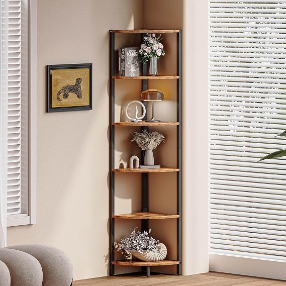 6-Tier Standing Corner Shelf,70.5 Tall Ladder Corner Storage Shelf with Adjustable Feet,Rustic Display Rack Multipurpose Bookshelf Bookcase,Plant Stand for Living Room, Bedroom (Brown)
