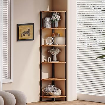 6-Tier Standing Corner Shelf,70.5 Tall Ladder Corner Storage Shelf with Adjustable Feet,Rustic Display Rack Multipurpose Bookshelf Bookcase,Plant Stand for Living Room, Bedroom (Brown)