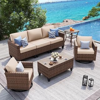 UDPATIO 5-Piece Wicker Rattan Patio Conversation Set with Swivel Rocking Chairs, Storage Table & Waterproof Covers - Khaki Outdoor Sofa for Backyard Deck Porch