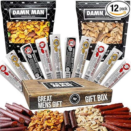 Beef Jerky Gift Basket for Men with Nuts - 12pc Meat Snack Food Variety Box, Unique Food Gift Idea for Birthday, for Husband, Family, Care Package for Guys, Adults