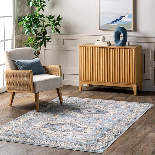 nuLOOM Mae Tribal Motif Alfombra lavable a máquina, 4 x 6 pies, azul claro