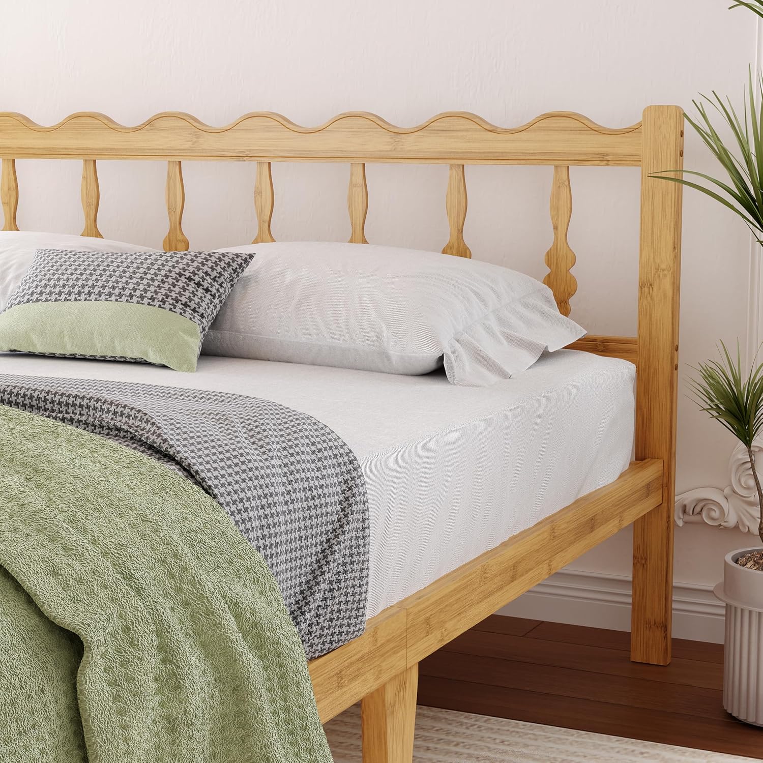 14 Inch Solid Wood Full Bed Frame with Wavy Headboard, No Box Spring Needed, No Squeak, Bamboo&Metal
