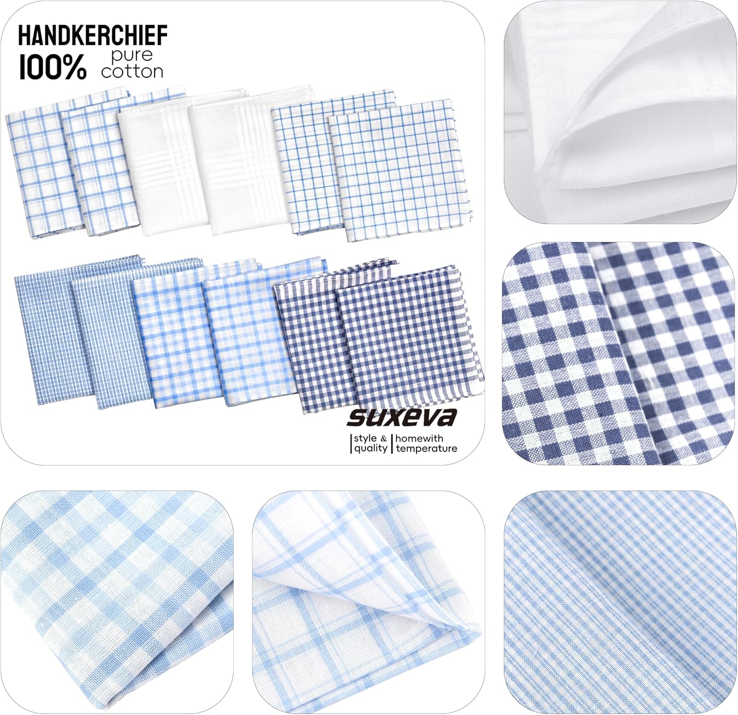 Men's 12pcs 100% Cotton Checkered Handkerchiefs Gift Box, 15.75 Inch Soft Breathable Absorbent Large Pocket Squares