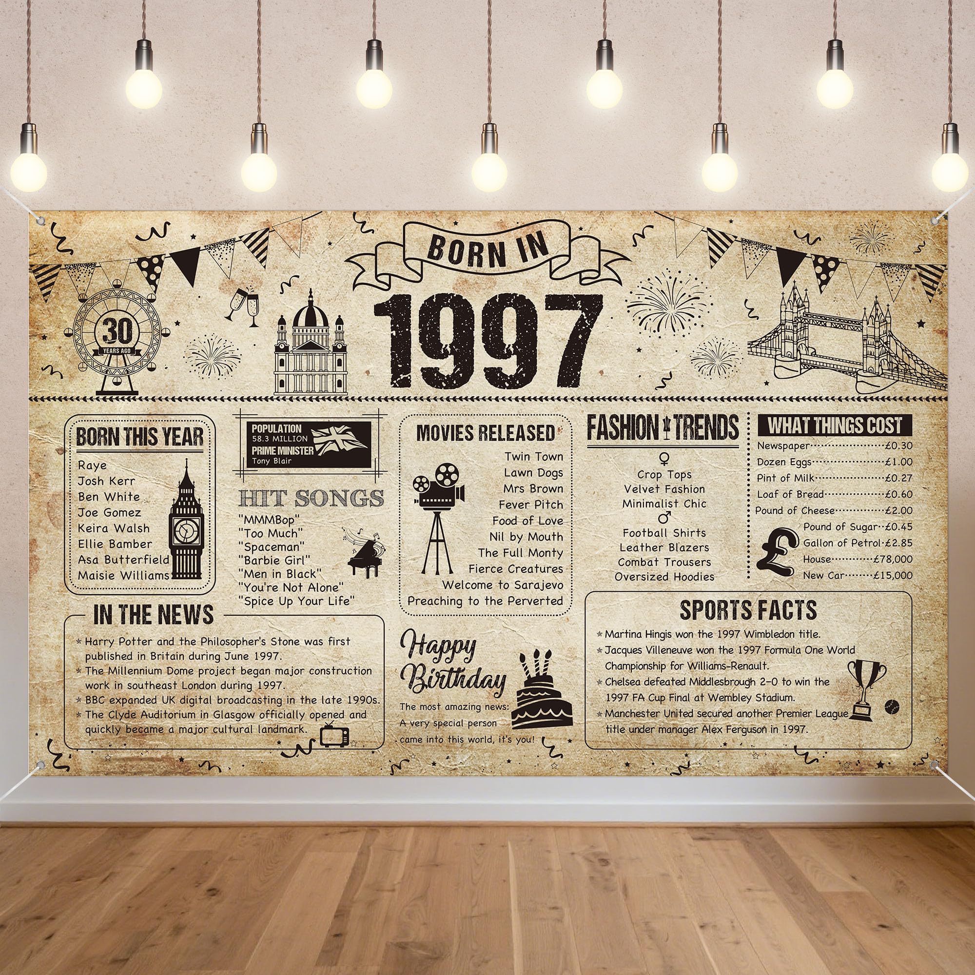 Benjia 30th Birthday Banner Decorations for Men Women, Born in 1997 UK Background Happy 30 Years Old Birthday Backdrop, Cheers to 30 Years Banners Vintage Poster Bday Gift Home Decor Party Supplies