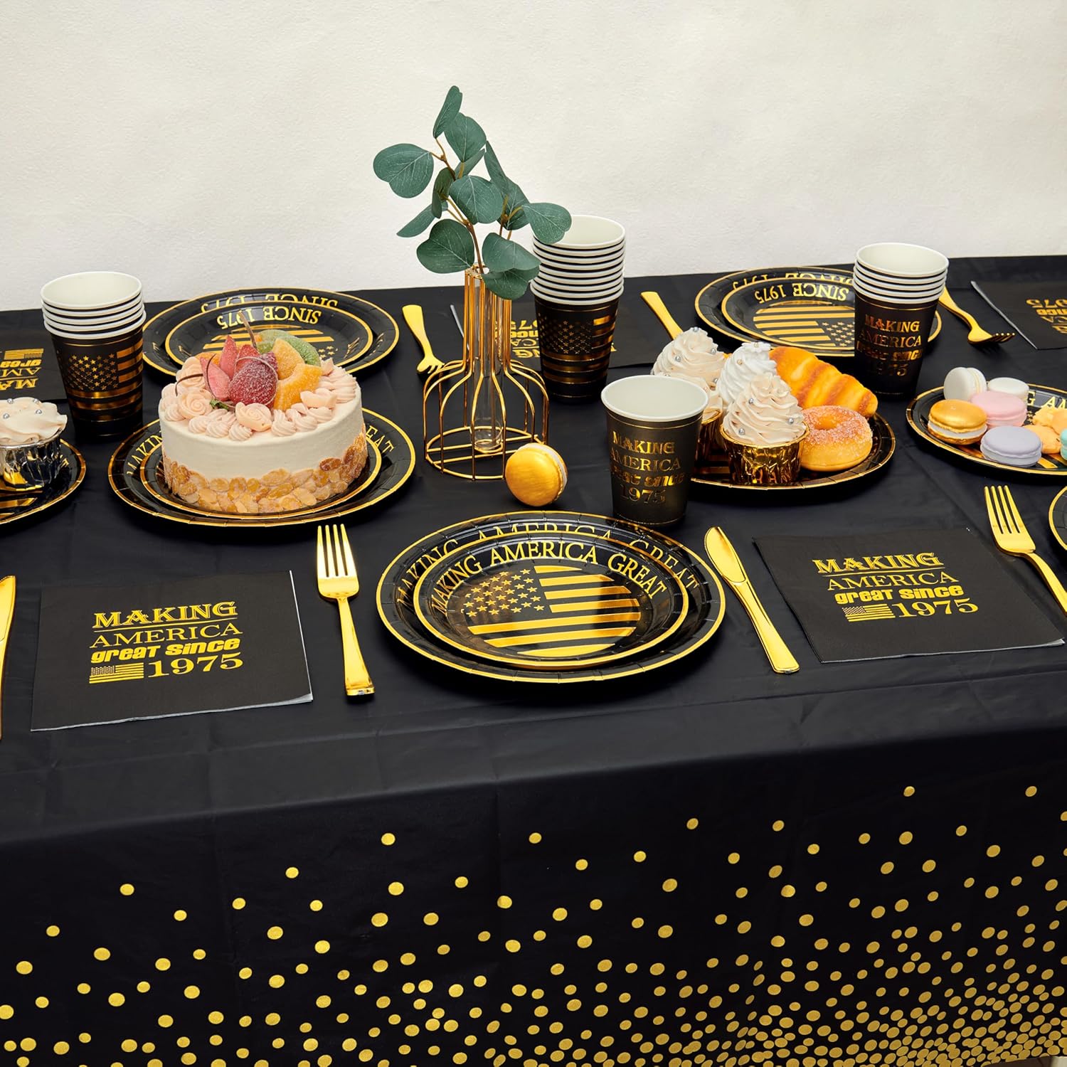 Crisky Black Gold Tableware Set for Men 50th Birthday Party Decoration, Set of 24, Making Great Since 1975 (9" & 7" Plates, Luncheon Napkin, 9oz Cups, 106"×54" Tablecloth, Knife & Fork)