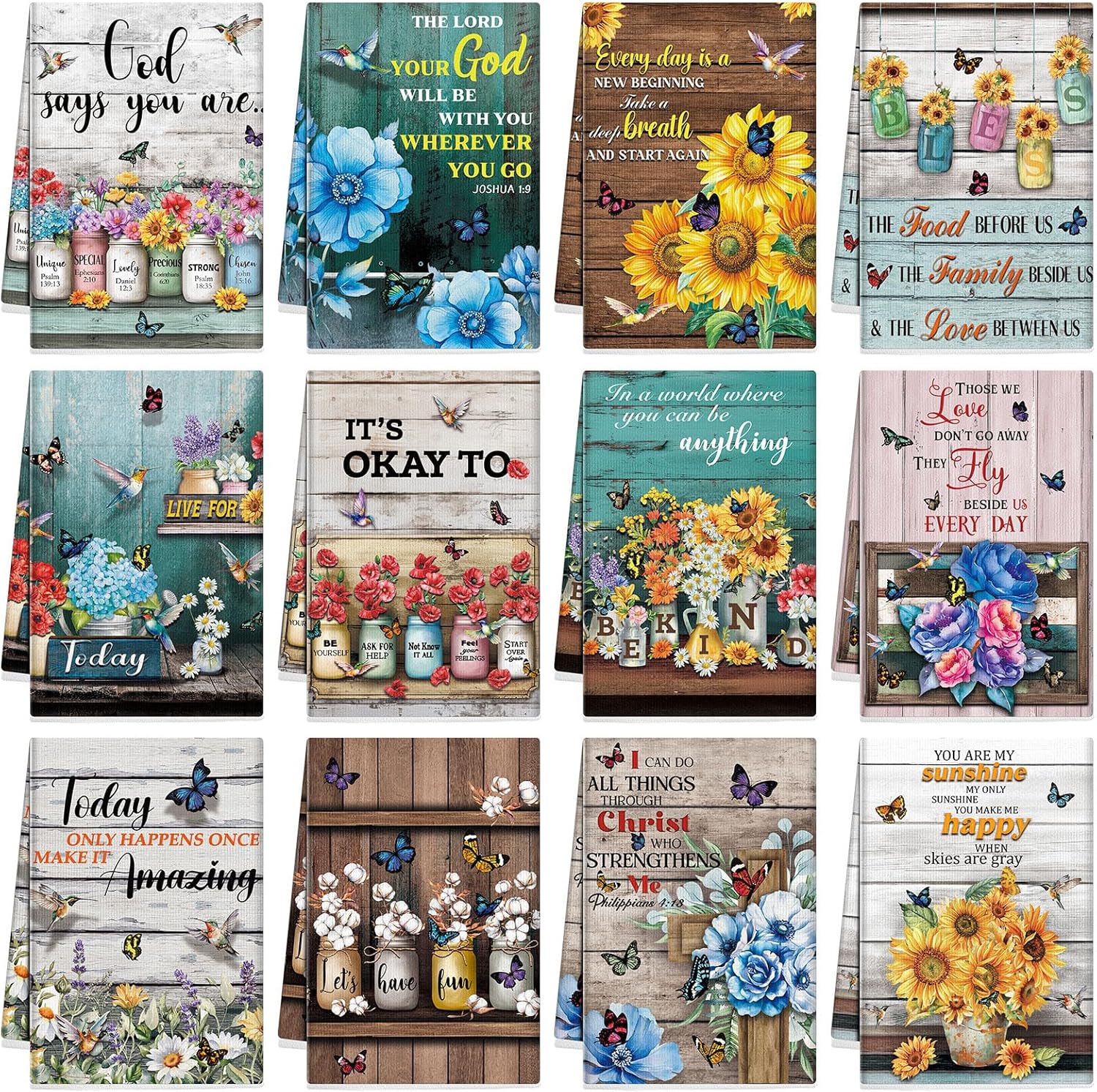 12 Pcs Christian Kitchen Dish Towels Gifts Bulk Spring Floral Religious Absorbent Inspirational Scripture Hymn Tea Towels for Women Home Housewarming Kitchen Gifts, 14 x 21''(Vintage)