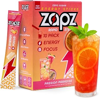 ZAPZ Caffeine Packets – Sugar Free Energy Drink Mix Powder with 200mg Caffeine for Nootropics Focus Support - Just 5 Calories, Gluten Free, Vegan (Passion Fruit & Watermelon, 10-Pack)