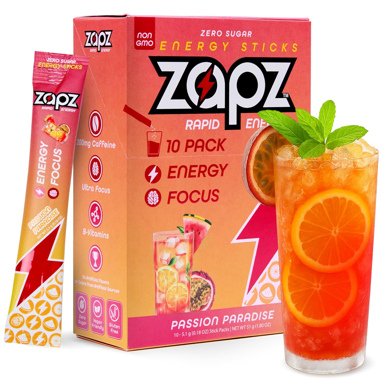 ZAPZ Caffeine Packets – Sugar Free Energy Drink Mix Powder with 200mg Caffeine for Nootropics Focus Support - Just 5 Calories, Gluten Free, Vegan (Passion Fruit & Watermelon, 10-Pack)