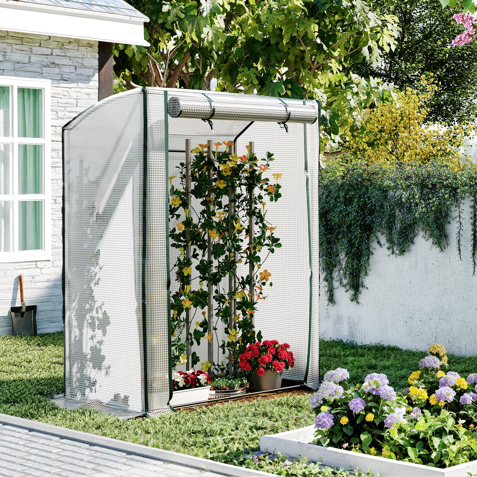 LARMNEE Tomatengewächshaus, Gewächshaus klein, Foliengewächshaus, Tomatenhaus Stabil, 128 x 70 x 170 cm, mit PE Gitterfolie und Aufrollbaren Türen, Frühbeet, Gemüse, Garten, Balkon, Weiß EWT71GH02