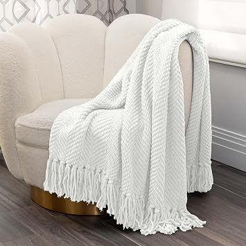 Nicole Miller Chloe Textured Soft Knit Throw Blanket with Tassels for Home, Couch, Bed, Living Room - 50" x 60 Ivory