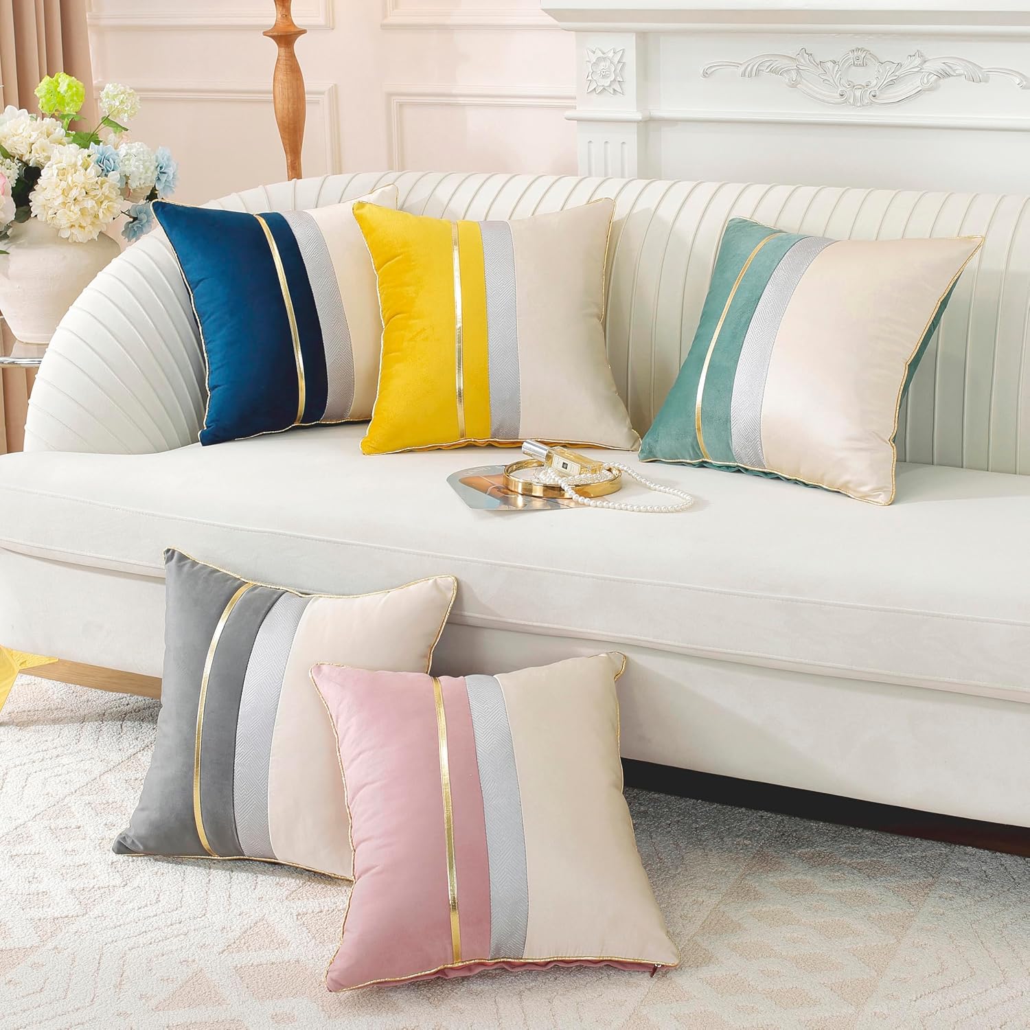 TAOSON Pack of 2, Pink Beige Patchwork Velvet Throw Pillow Cover with Gold Striped Leather Cushion Case Modern Luxury Square Pillowcase for Sofa Couch Bedroom Living Room Home,12 X 20 inch image 5