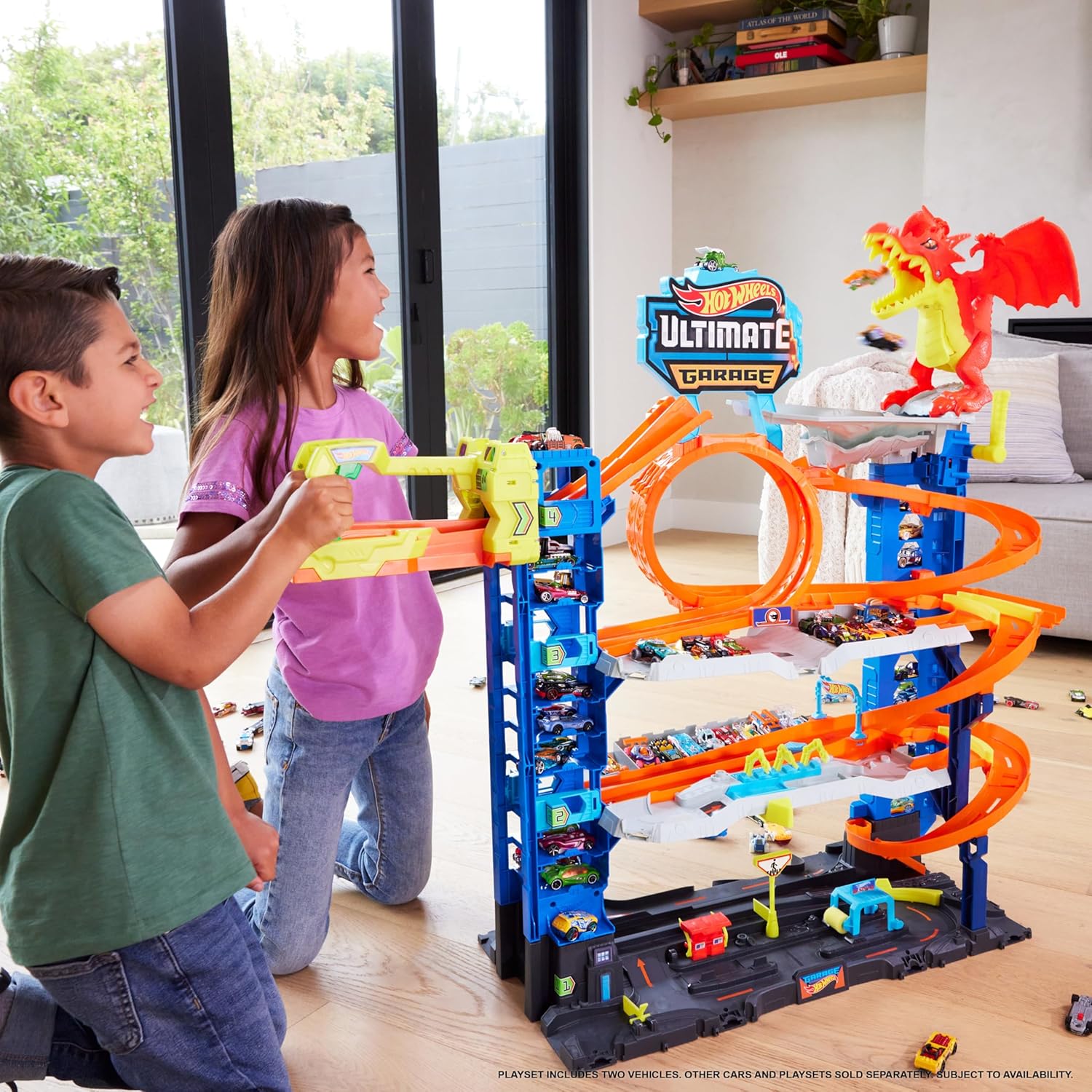 hot wheels city ultimate garage track set with 2 die-cast toy cars & car-eating dragon, stores 50+ vehicles, 4 levels
