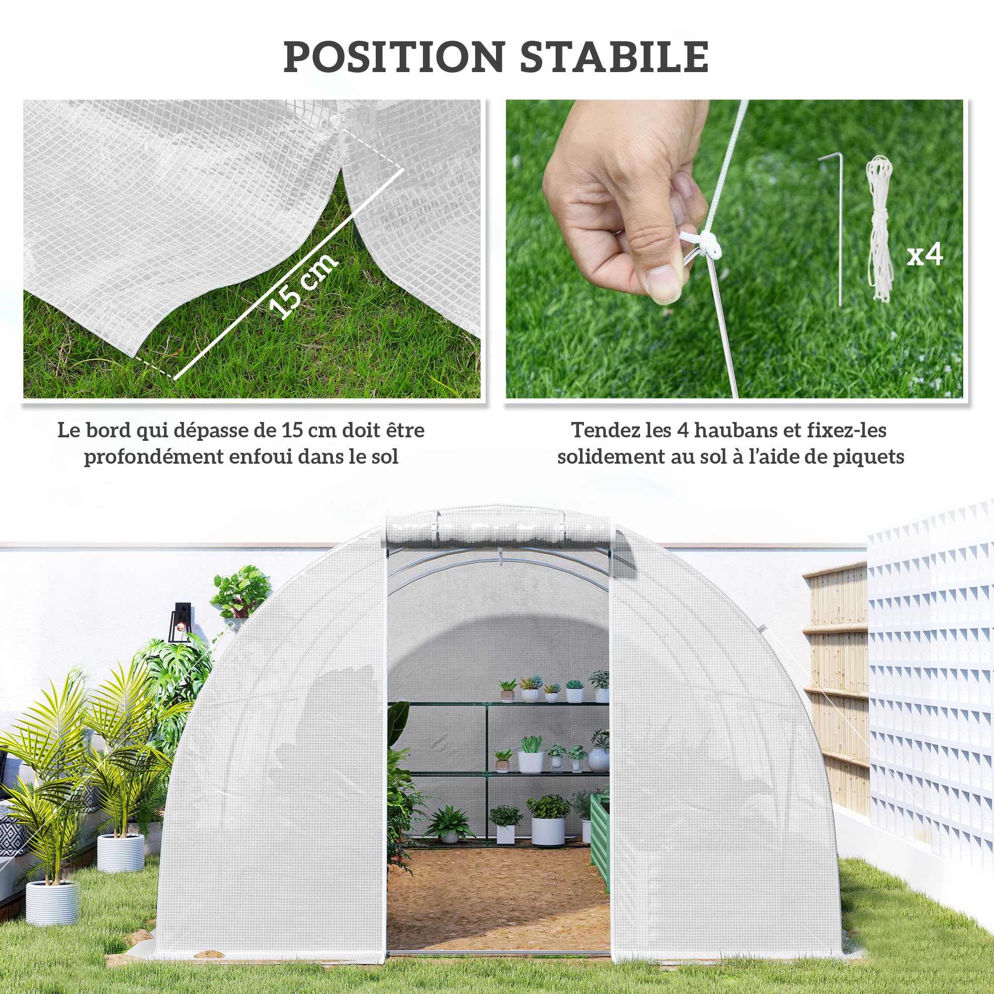 Outsunny Serre de Jardin Tunnel 13,5 m² 4,5L x 3l x 2H m - 6 fenêtres, Porte zippée Enroulable - châssis Tubulaire Acier galvanisé, bâche PE Haute densité Blanc