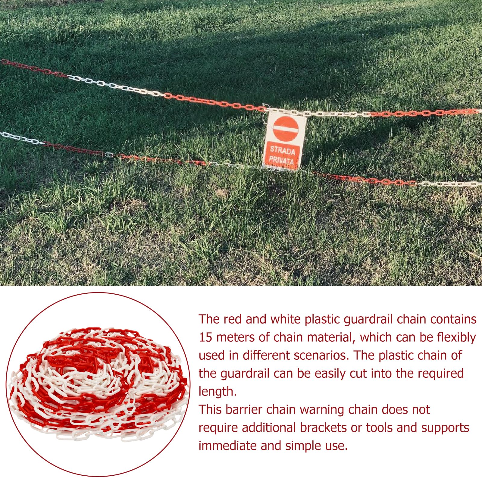Łańcuch odgradzający, czerwony, biały, tworzywo sztuczne: WEGREAT 15 m, 6 mm, łańcuch odcinający z tworzywa sztucznego, łańcuch odcinający, łańcuch ostrzegawczy dla bezpieczeństwa parkingowego,