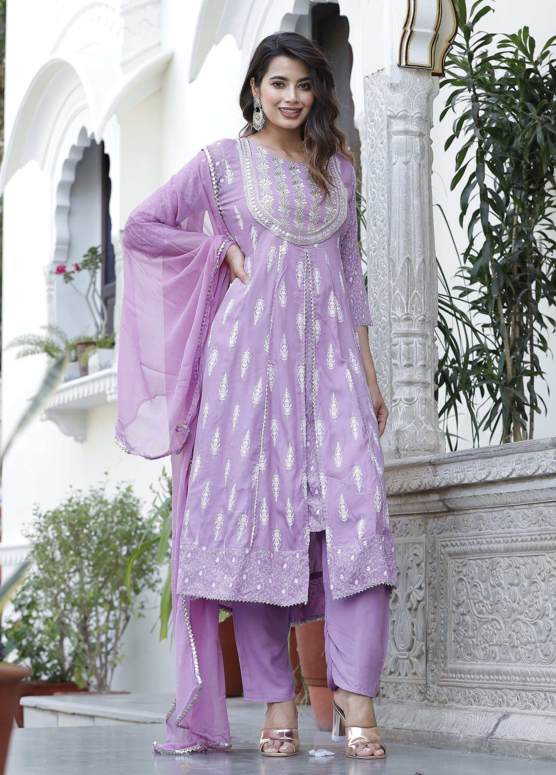 JD Finishing Rayon Printed Kurta with Pants Dupatta Set for Women Girls Long Middle Cut Kurtis Stylish Latest New Trending Design Anarkali Kurta A (IN, Alpha, S, Lavender) 4