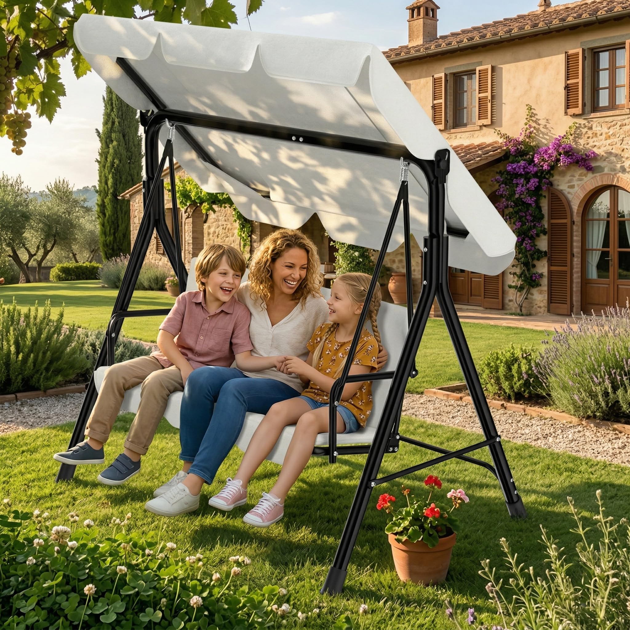 Balancelle 3 Places Beige Taille XXL 195 cm avec Toit réglable, Structure Acier 200 kg, Coussins Confortables 6 cm, Anti-UV et Anti-Pluie pour l'extérieur