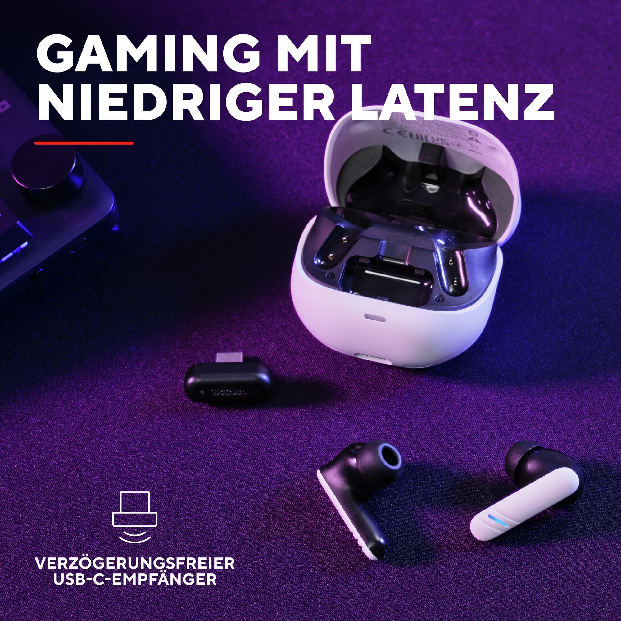 GXTrust 409 Oxxie In Ear Gaming Kopfhörer Kabellos Bluetooth PS5 Switch PC Mobile, Kabelloser Gaming-Ohrhörer Bluetooth oder USB-C Empfänger, 4 ENC Mikrofonen, 25 Stunden Akkulaufzeit, Weiß