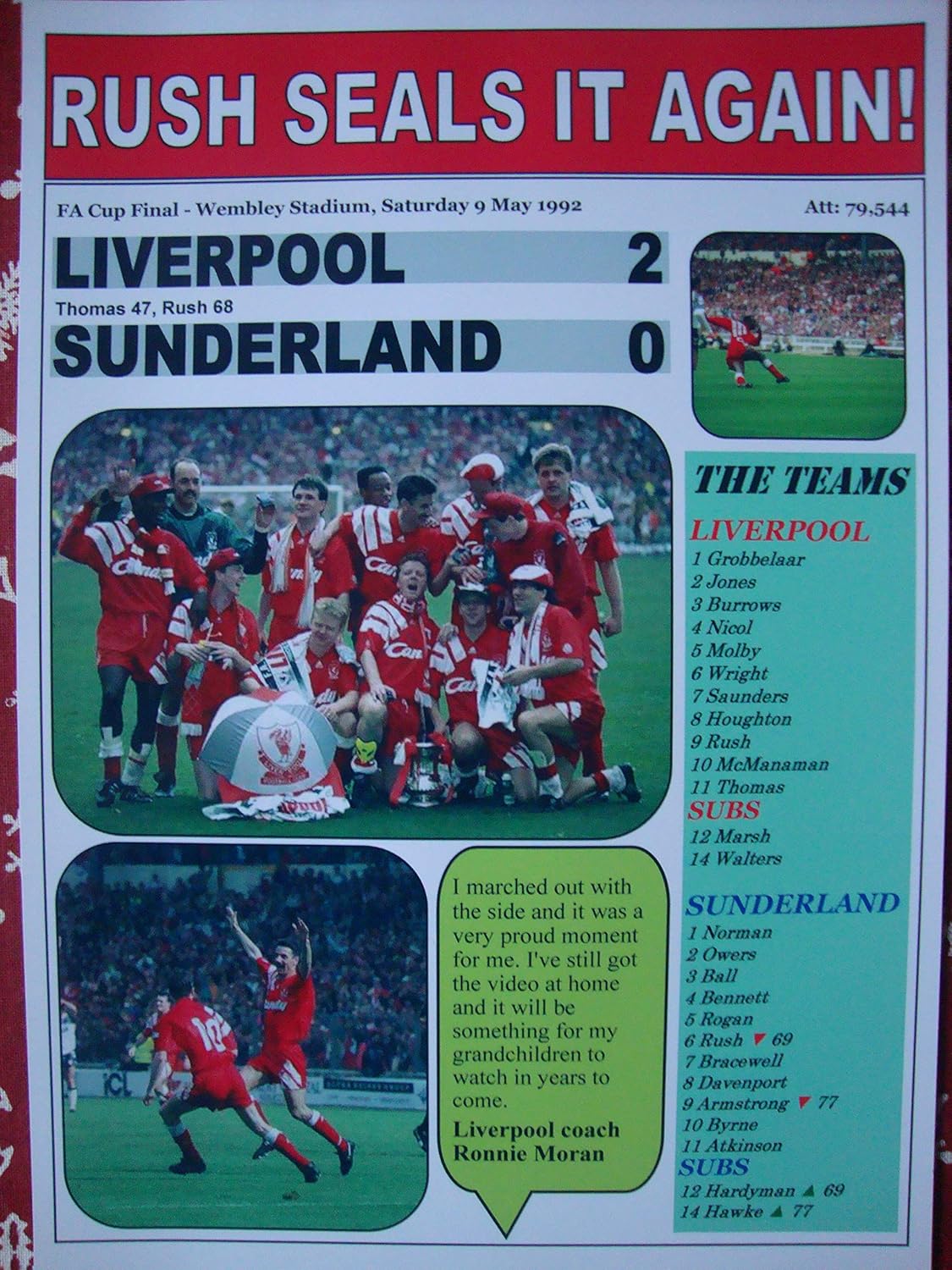 Sports Prints UK Liverpool 2 Sunderland 0-1992 FA Cup final - souvenir print