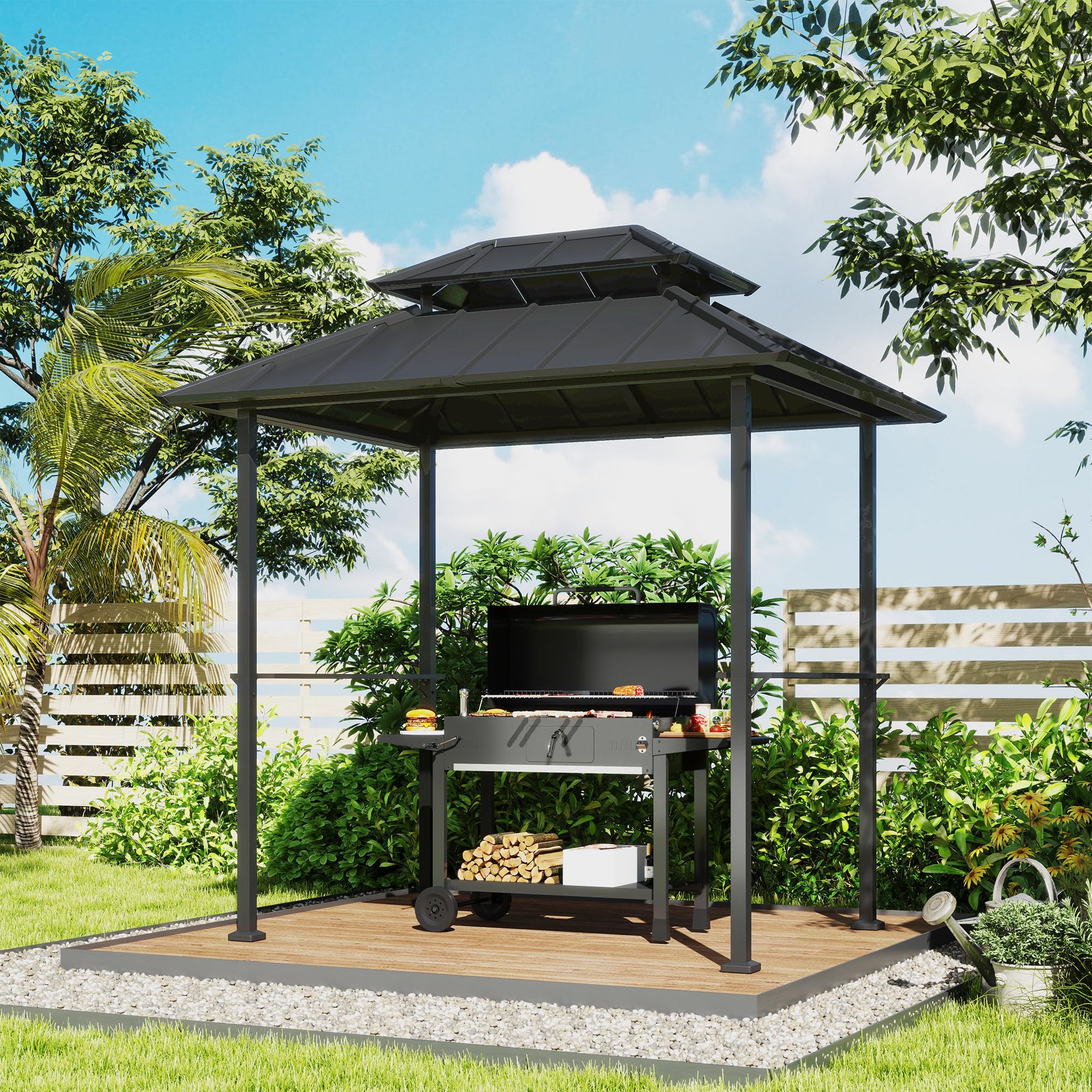 Outsunny Barbacoa cenador rígido de Doble Techo, cenador de jardín con 2 estantes y Gancho Superior, toldo de Barbacoa para terraza de jardín, 244x184x258cm, Negro