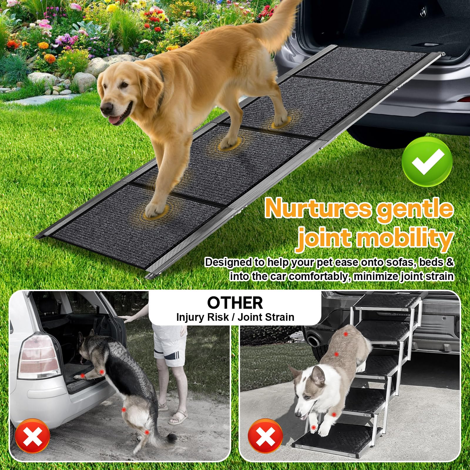 Rampes pour chiens de grande taille, 180,3 cm de long et 50,8 cm de large, en aluminium pliable extra large avec surface de tapis étanche IP64 et antidérapante, jusqu'à 136,1 kg pour chiens géants
