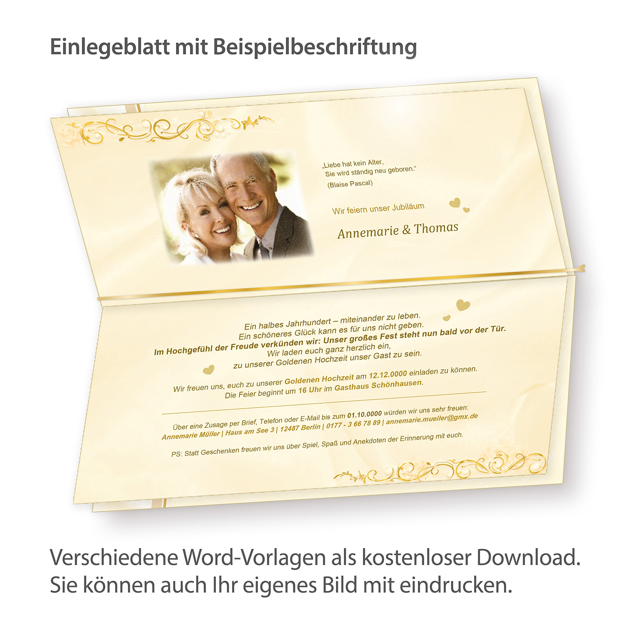 tatmotive 40 Sets Einladungskarten Goldene Hochzeit | Edler Perlmutteffekt, bedruckbare Einlegeblätter mit Rankenmotiv, praktische Haftklebe-Umschläge, glänzende Goldschlaufen