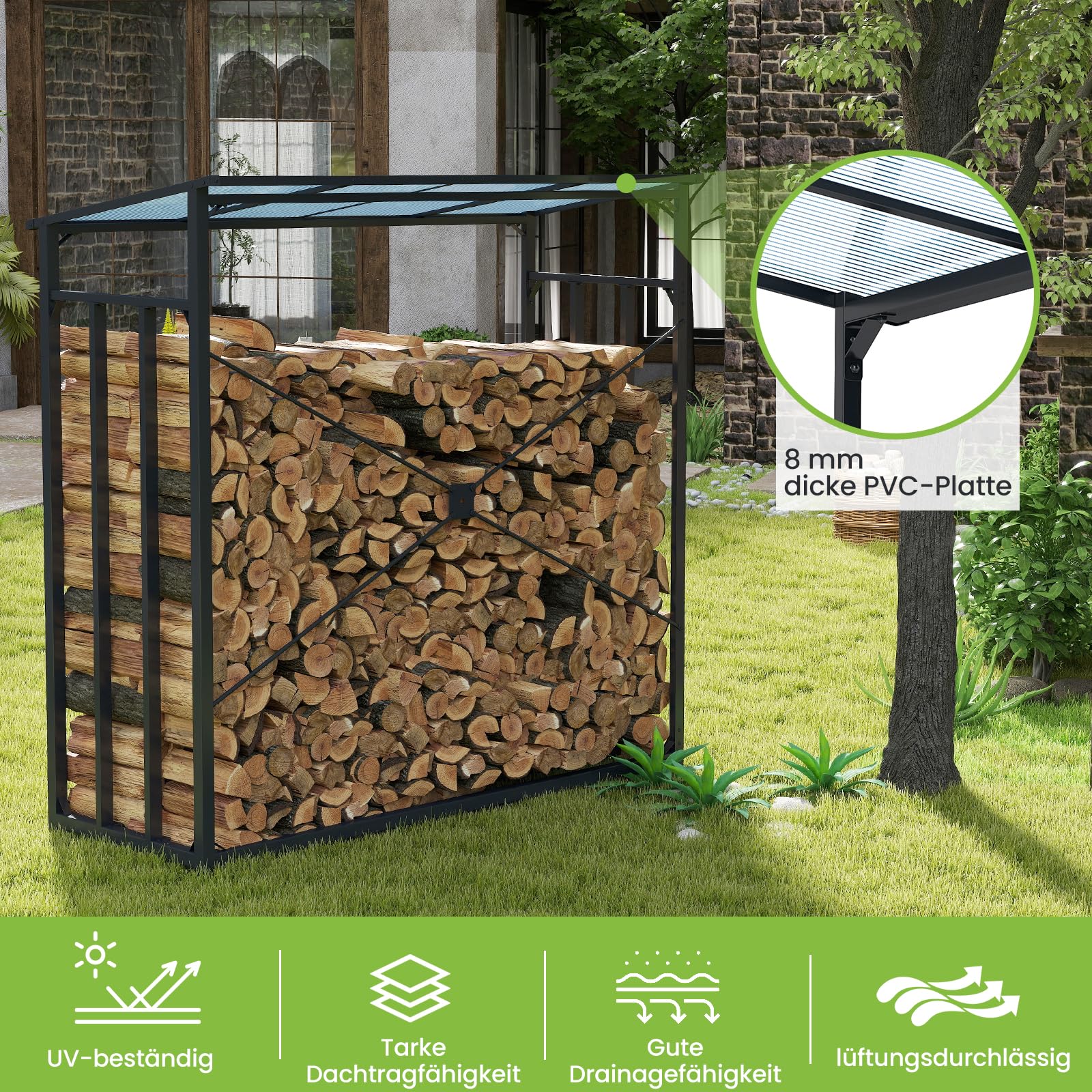 Trintion Kaminholzregal Außen 185 x 70 x 185 cm, Metall Brennholzregal, 3,3 SRM / 2,3m³ Kaminholzlager, Feuerverzinkt Holzunterstand für Kaminholz Aussen