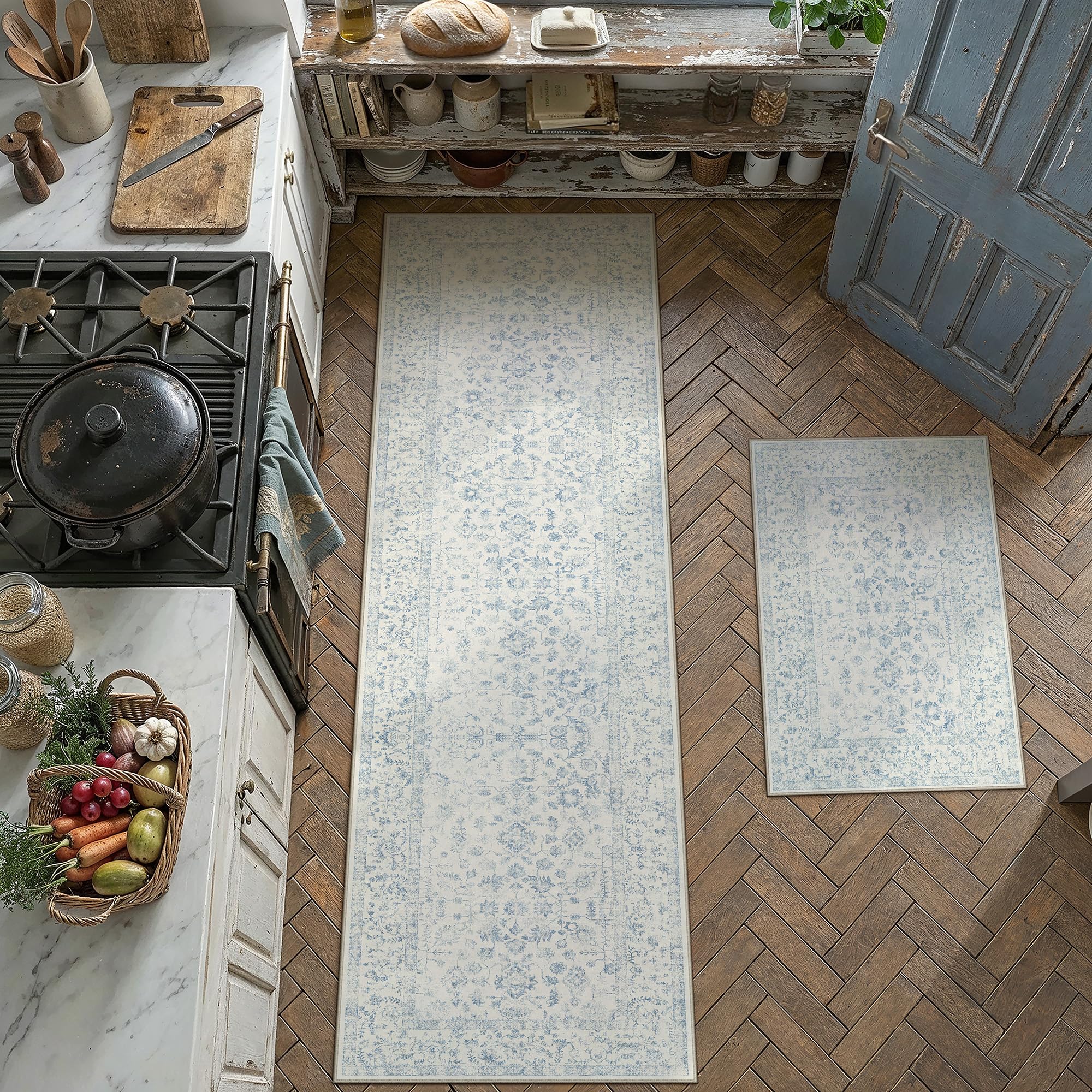 PureCozy 2'x3'+2'x6' Blue 2-Piece Kitchen Rug Set with Runner