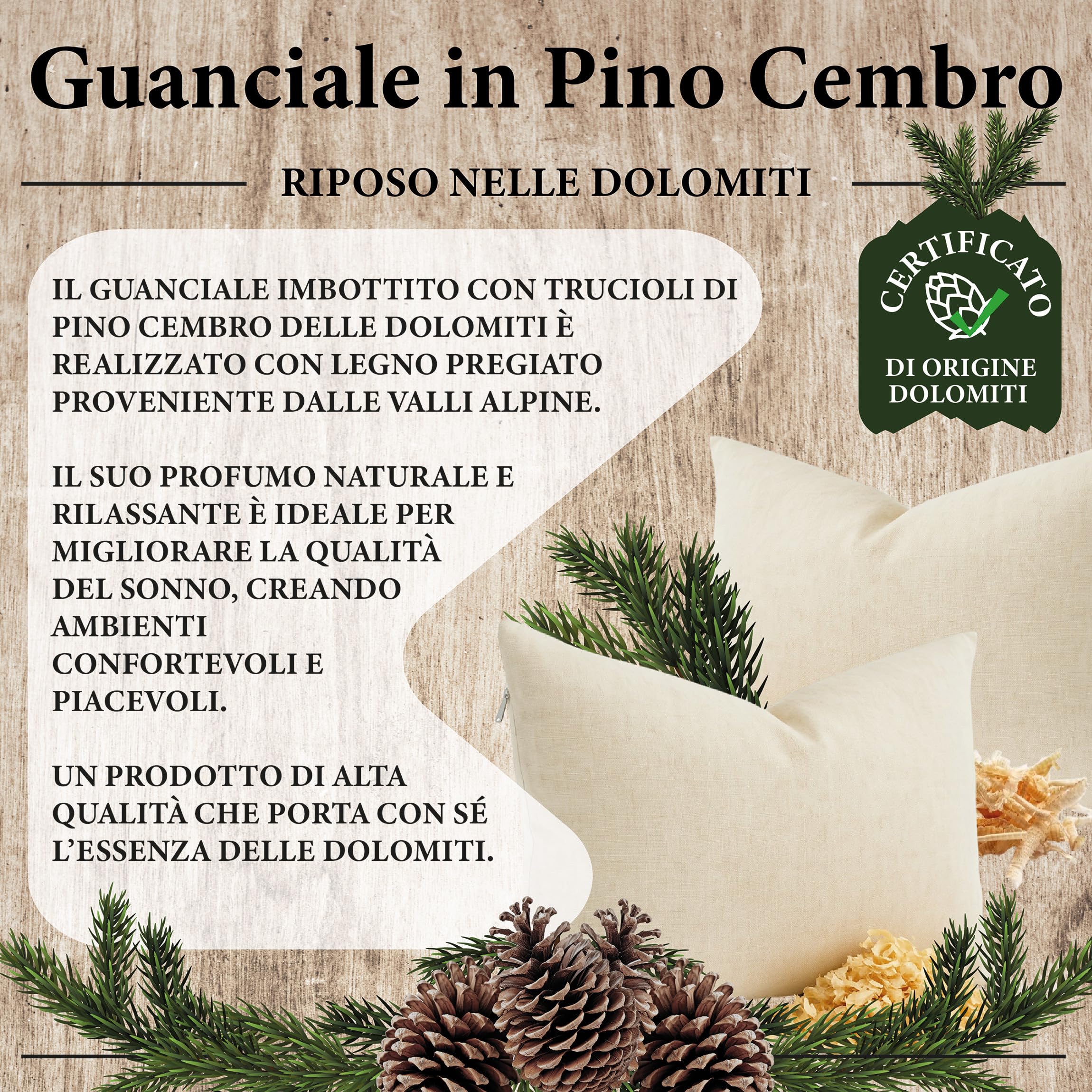Guanciale sosna Cembro Alto Adige 50 x 80 - naturalna poduszka do głębokiego snu Cirmolo - regulowana, surowa bawełna, relaks